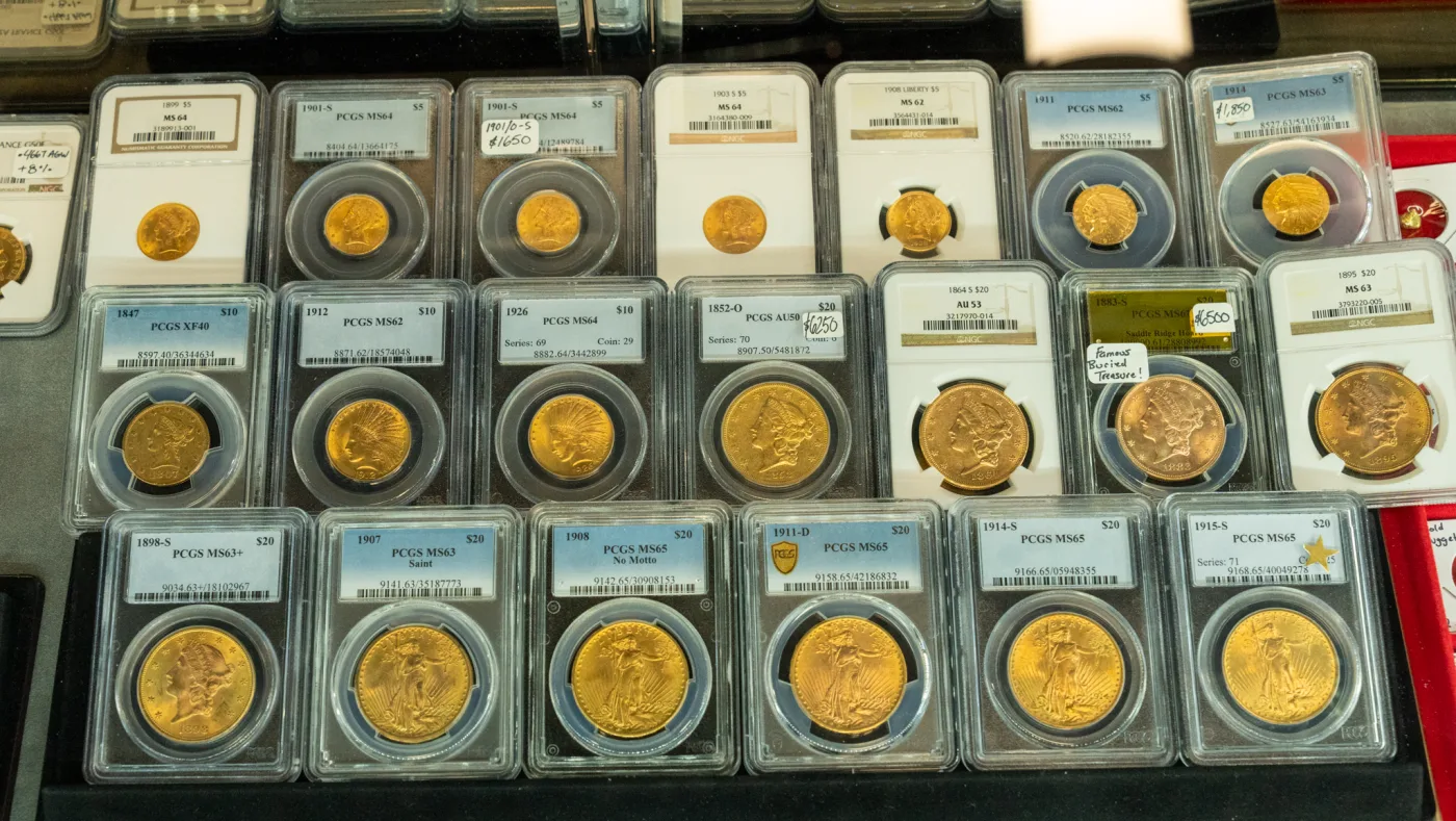 Rows of PCGS-graded gold coins in our inventory at Eagle Coin & Precious Metals